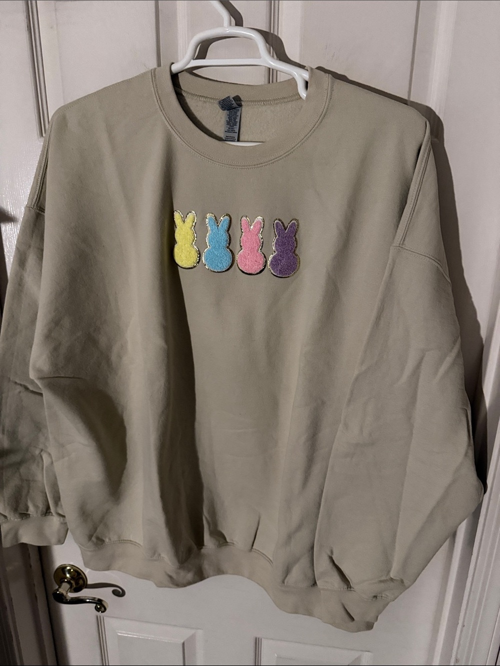 Gildan Beige Sweatshirt with Pastel Bunny “Peeps” Appliques